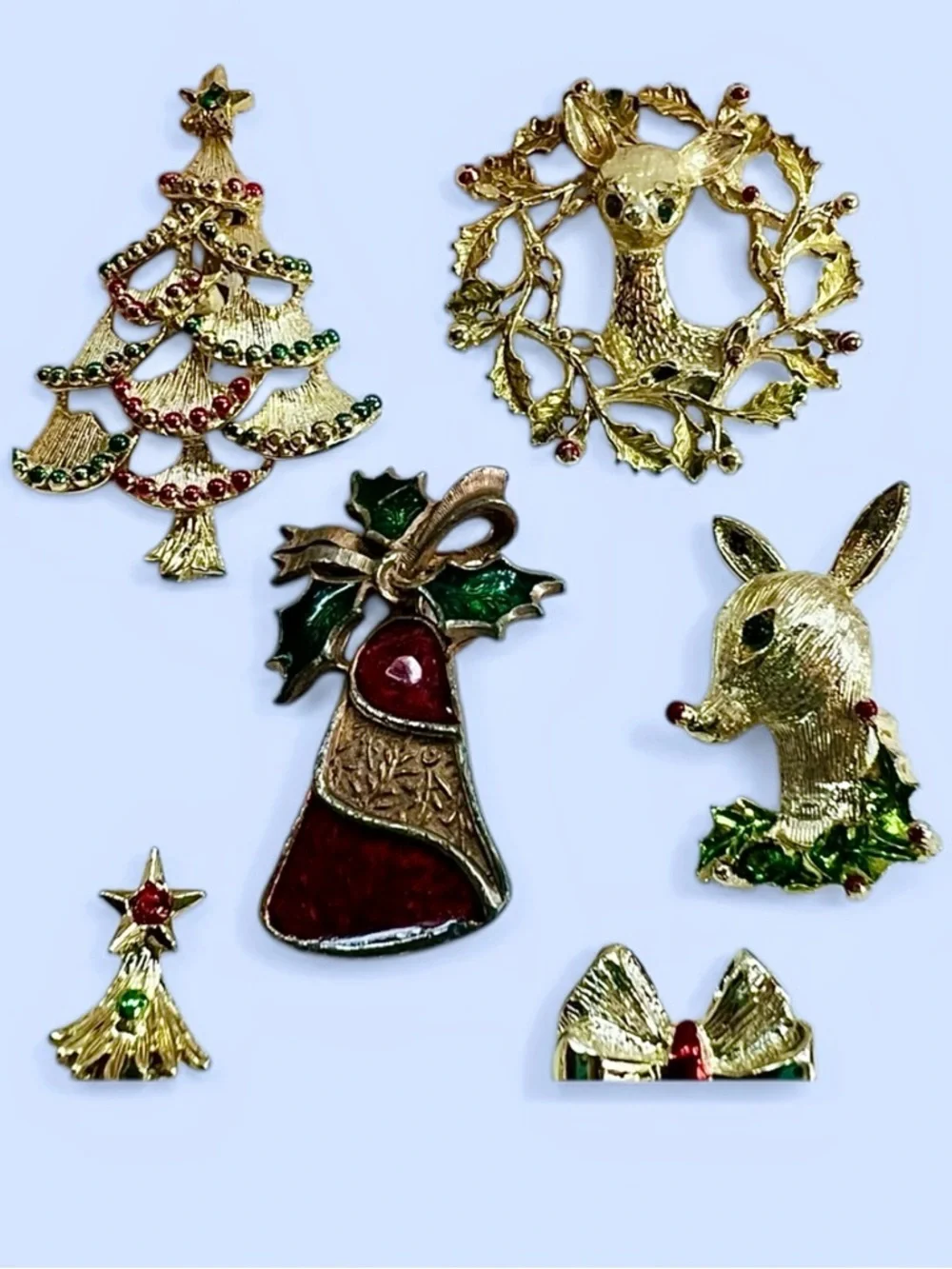 Christmas Brooches Signed Gerry’s‎ Rhinestones Enamel Vintage EUC